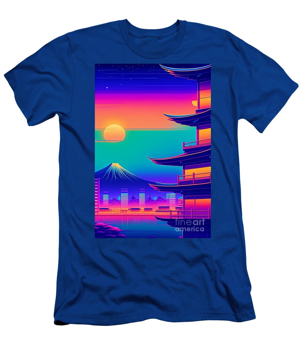 10 Synthwave Japanese Town with Moon Background Boon Mee T-Shirt