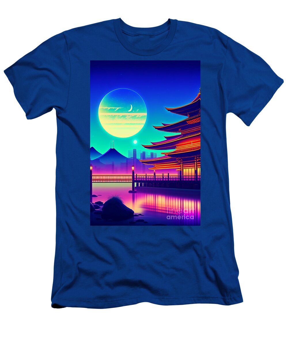 11 Synthwave Japanese Town with Moon Background Boon Mee T-Shirt