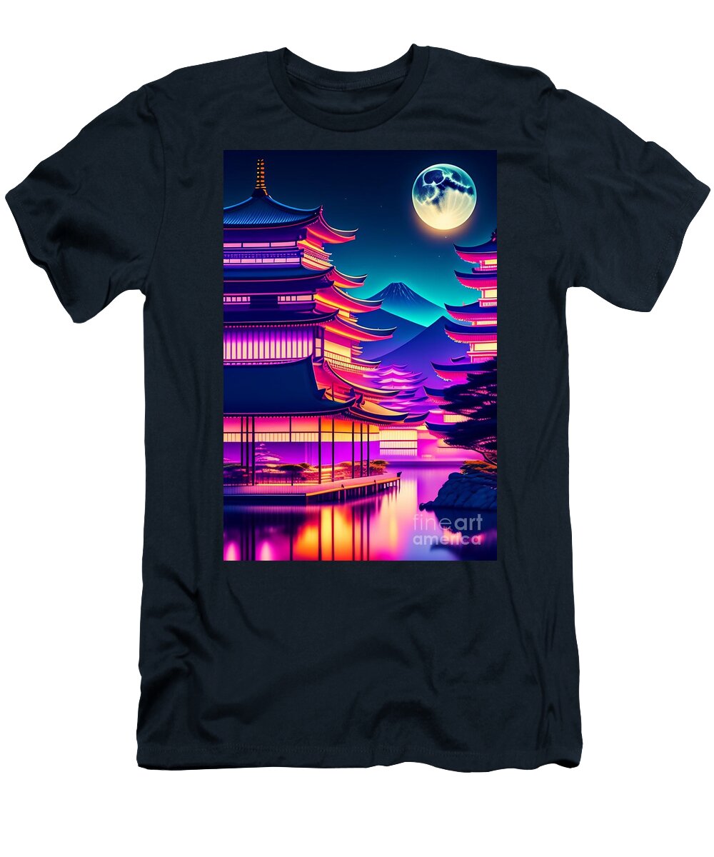 12 Synthwave Japanese Town with Moon Background Boon Mee T-Shirt