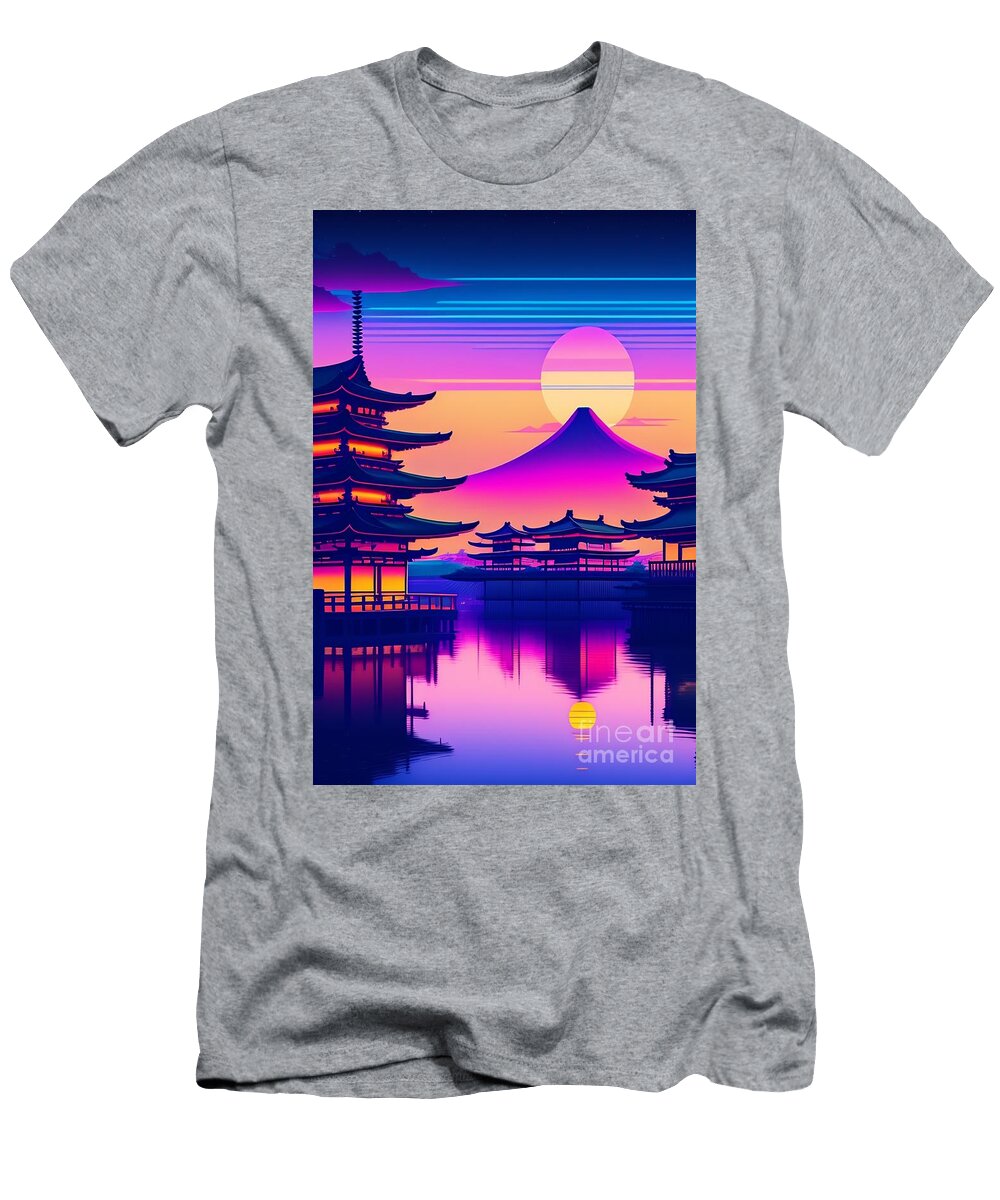 13 Synthwave Japanese Town with Moon Background Boon Mee T-Shirt
