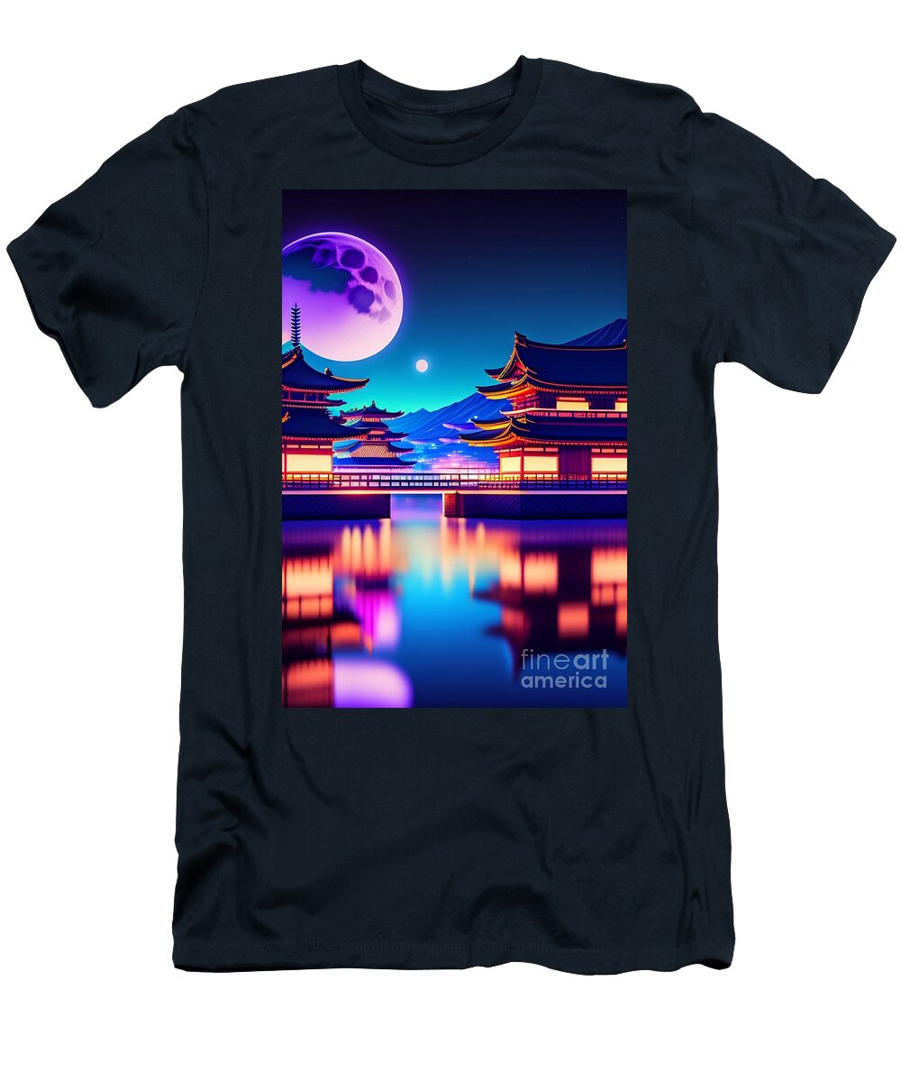 15 Synthwave Japanese Town with Moon Background Boon Mee T-Shirt