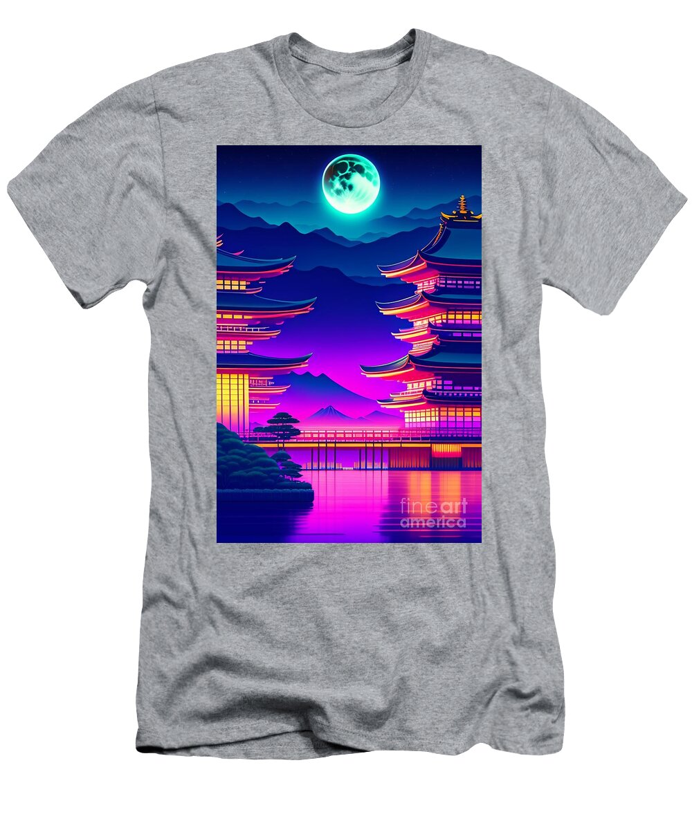 16 Synthwave Japanese Town with Moon Background Boon Mee T-Shirt