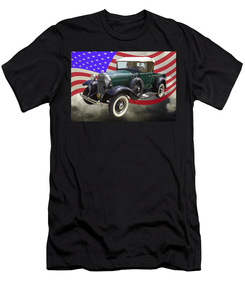 1930 Ford Model a Pickup Truck and US Flag Keith Webber Jr T-Shirt