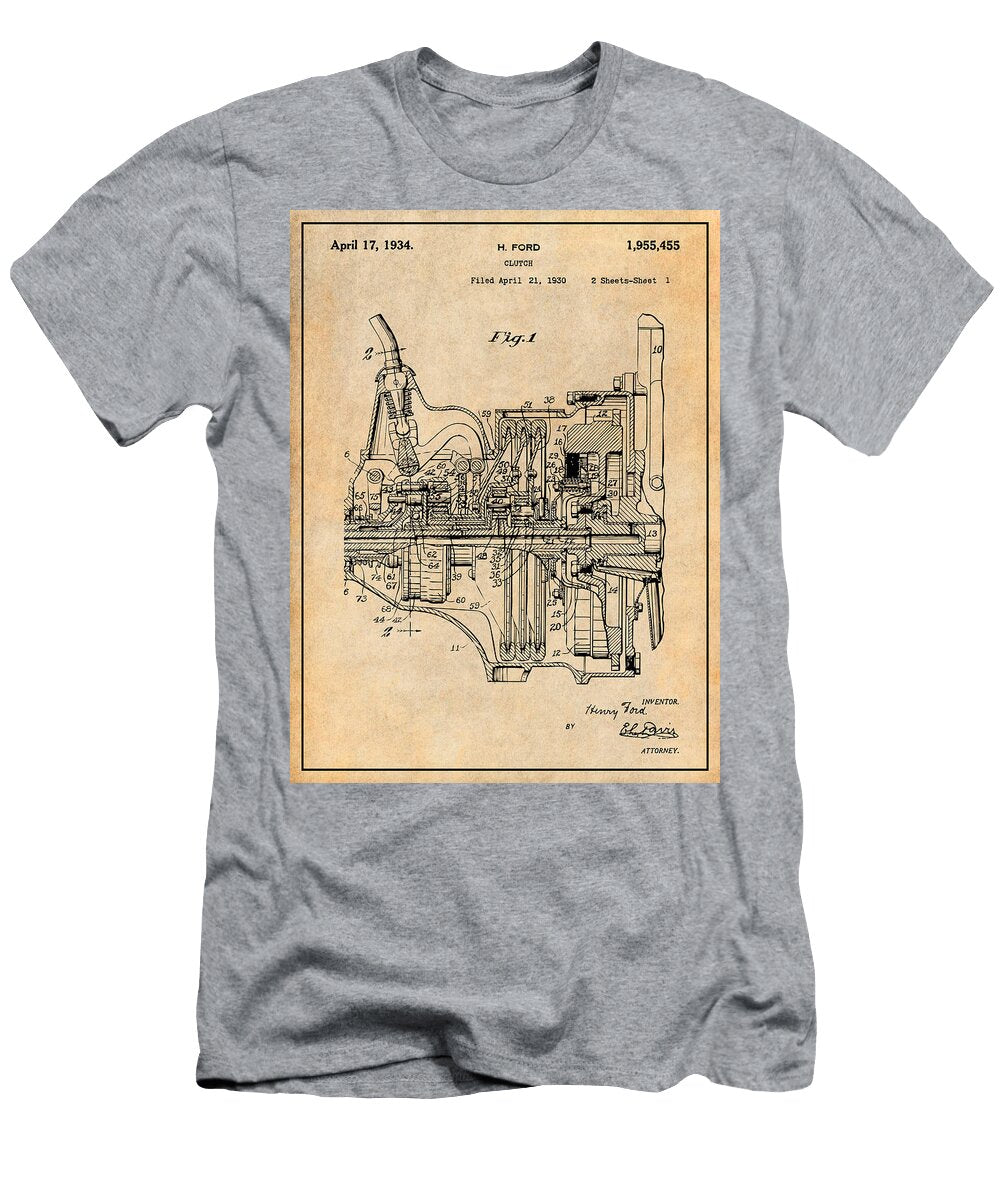 1930 Henry Ford Clutch Antique Paper Patent Print Greg Edwards T-Shirt