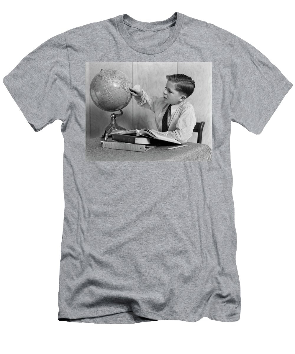 1930s 1940s Young Boy Studying with Books and World Globe Pointing to South America Panoramic Images T-Shirt