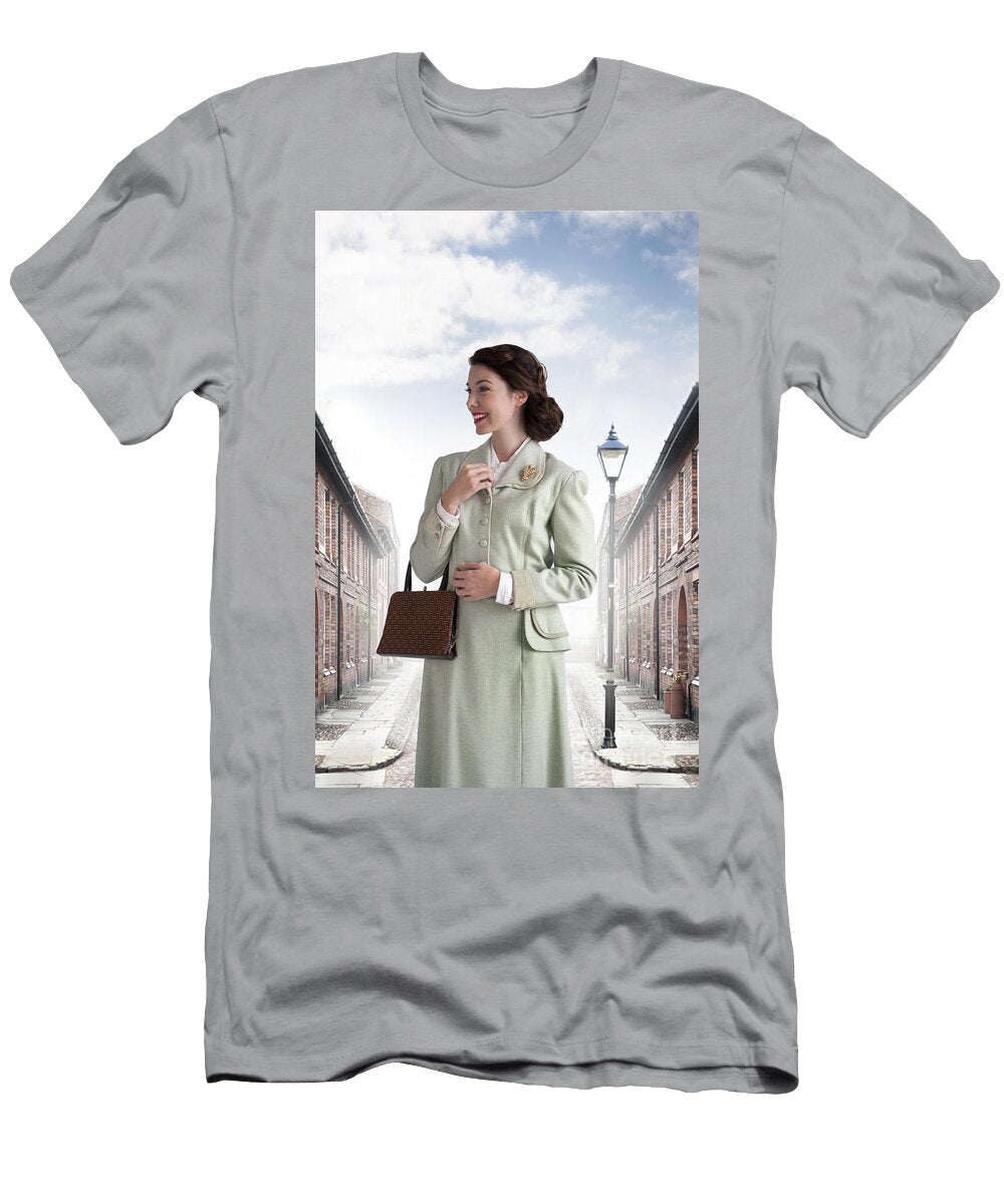 1940s Woman Smiling on a Terraced Street Lee Avison T-Shirt