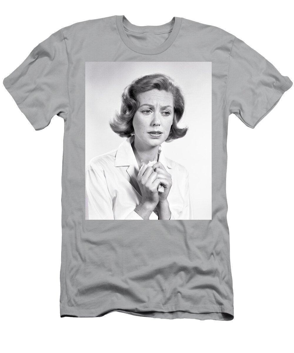 1950s 60s Portrait of Concerned Worried Woman Clutching Tissue Vintage Images T-Shirt