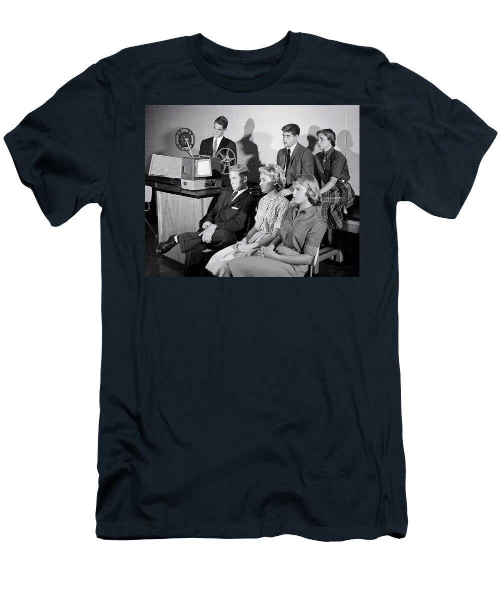 1950s High School Students Watching 16mm Educational Movie in Classroom Panoramic Images T-Shirt