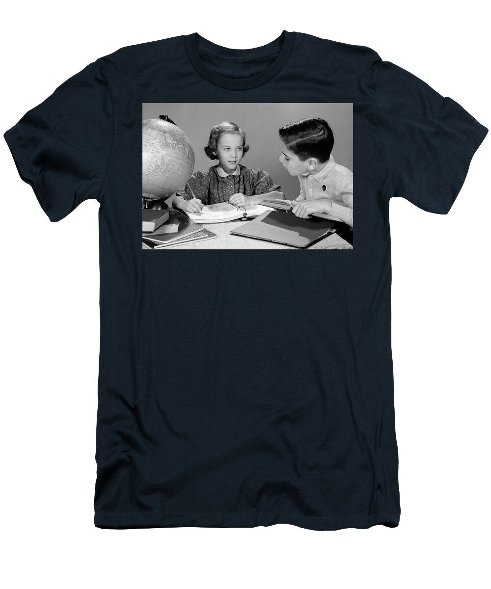 1960s Boy and Girl Doing Homework Together Globe and Books on Table Studio Indoor Panoramic Images T-Shirt