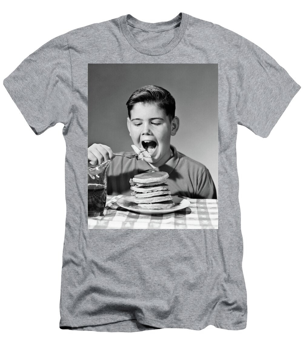 1960s Boy Eating Stack of Pancakes Vintage Images T-Shirt