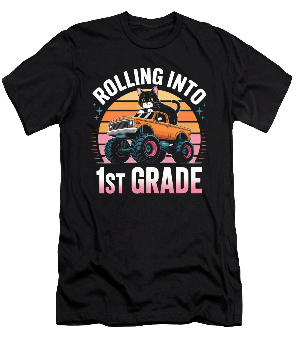 1st Grade Cat Monster Truck Back to School Girl Orgence Matungwa T-Shirt