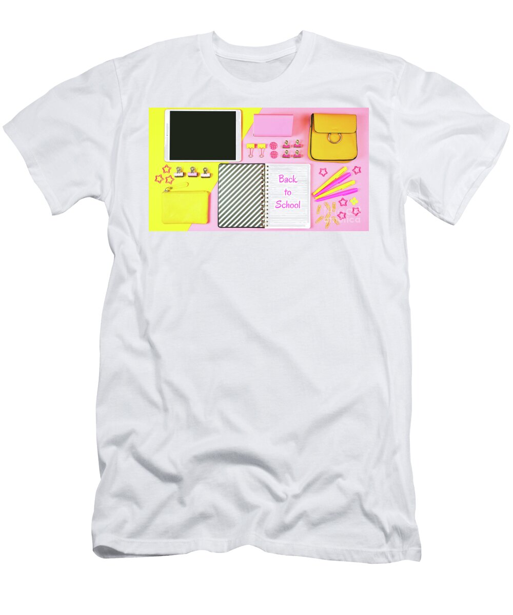 2 Back to School Pink and Yellow Teens Theme Concept Flat Lay Milleflore Images T-Shirt