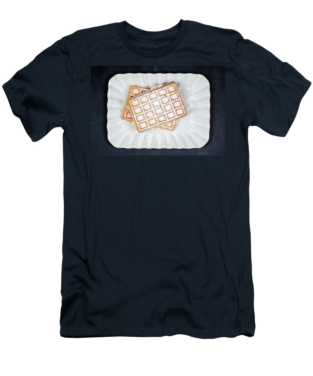 2 Belgium Waffers with Sugar Powder on Ceramic Plateon Black Board Liss Art Studio T-Shirt