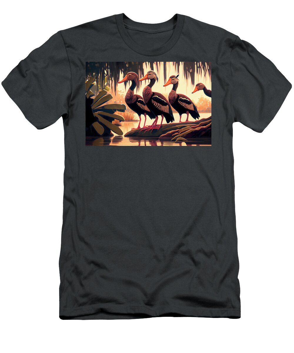 2 Black Bellied Whistling Ducks in a Jack Kirby S By Asar Studios Celestial Images T-Shirt