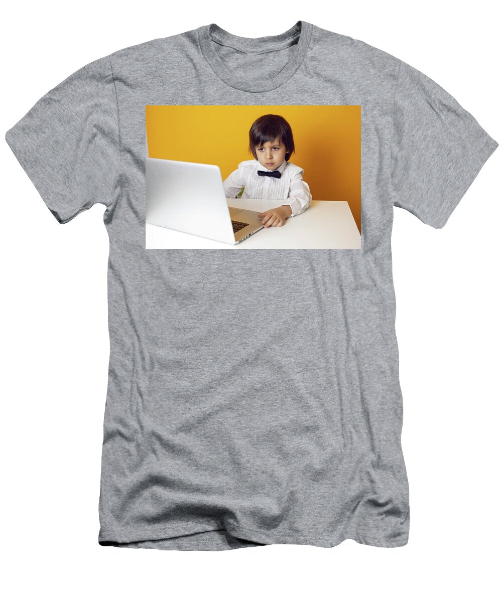 2 Boy Child Businessman in a White and Bow Tie Sits At a Laptop At a Desk in a White Office Elena Saulich T-Shirt