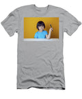 2 Boy Child in a Blue on a Yellow Background Sits At a White Table and Draws with Colored Pencils Elena Saulich T-Shirt