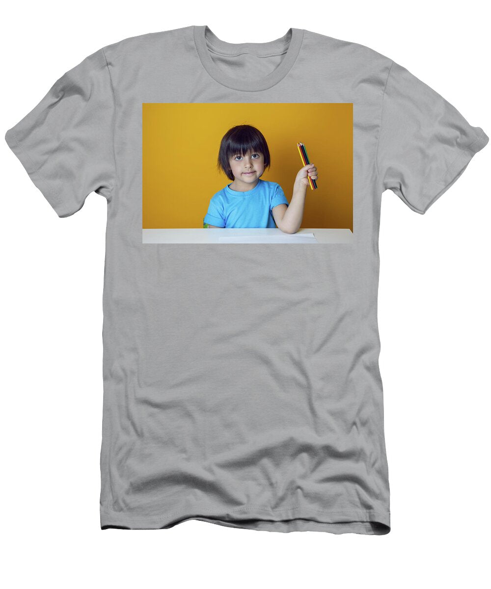 2 Boy Child in a Blue on a Yellow Background Sits At a White Table and Draws with Colored Pencils Elena Saulich T-Shirt
