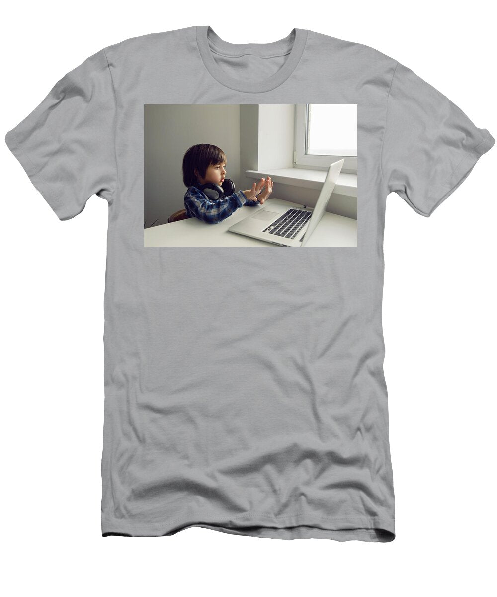 2 Boy Child Sits At a Table Near the Window with a Laptop and Communicates with Relatives Elena Saulich T-Shirt