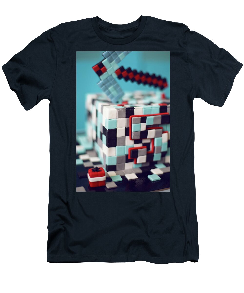 2 Close Up View Square Minecraft Cake Made of Pixels and Pickaxe on Top Birthday 5 Years Old Baby Boy Elena Saulich T-Shirt