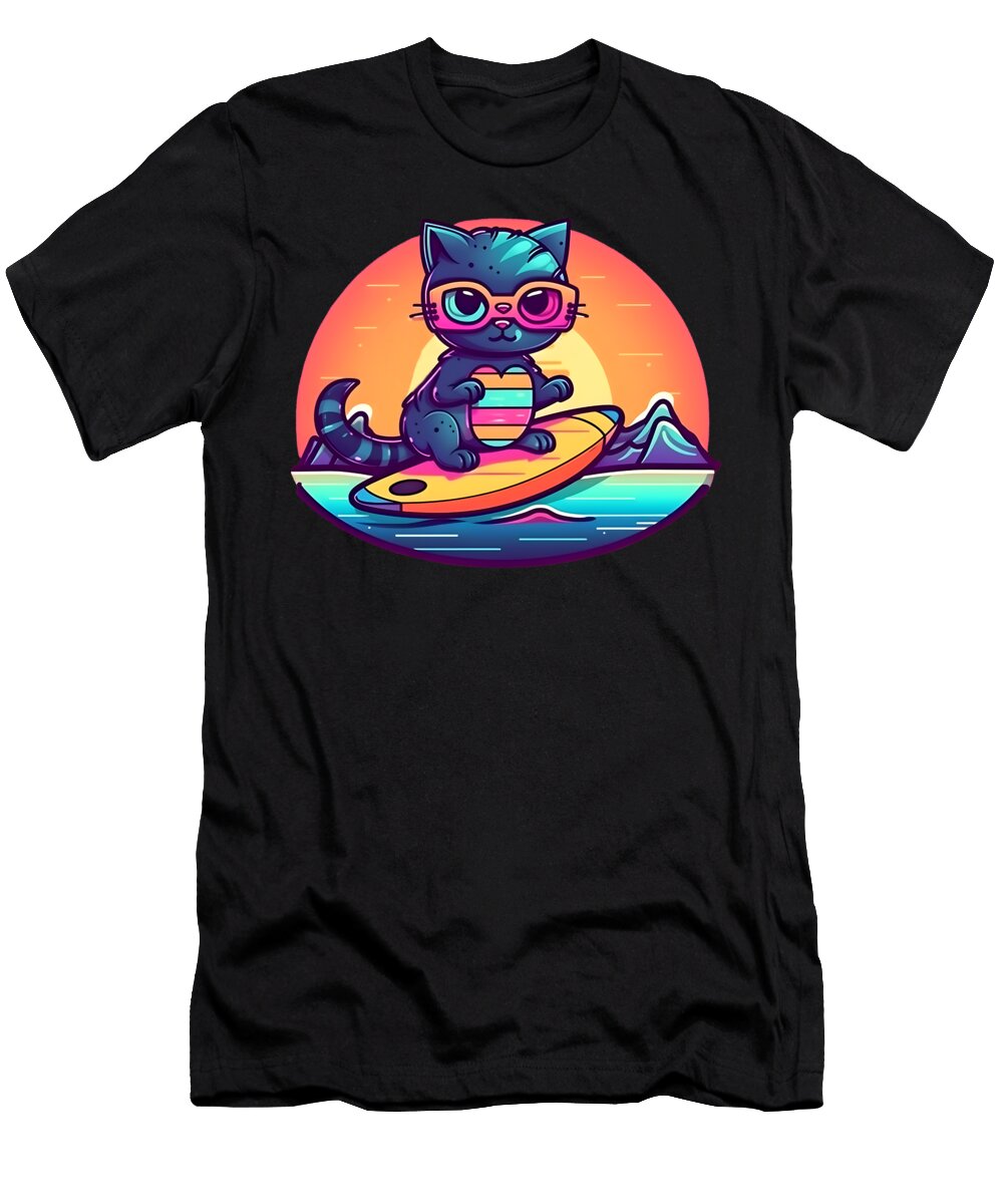 2 Cool Retro Surfing Cat Sweet Birdie Studio T-Shirt