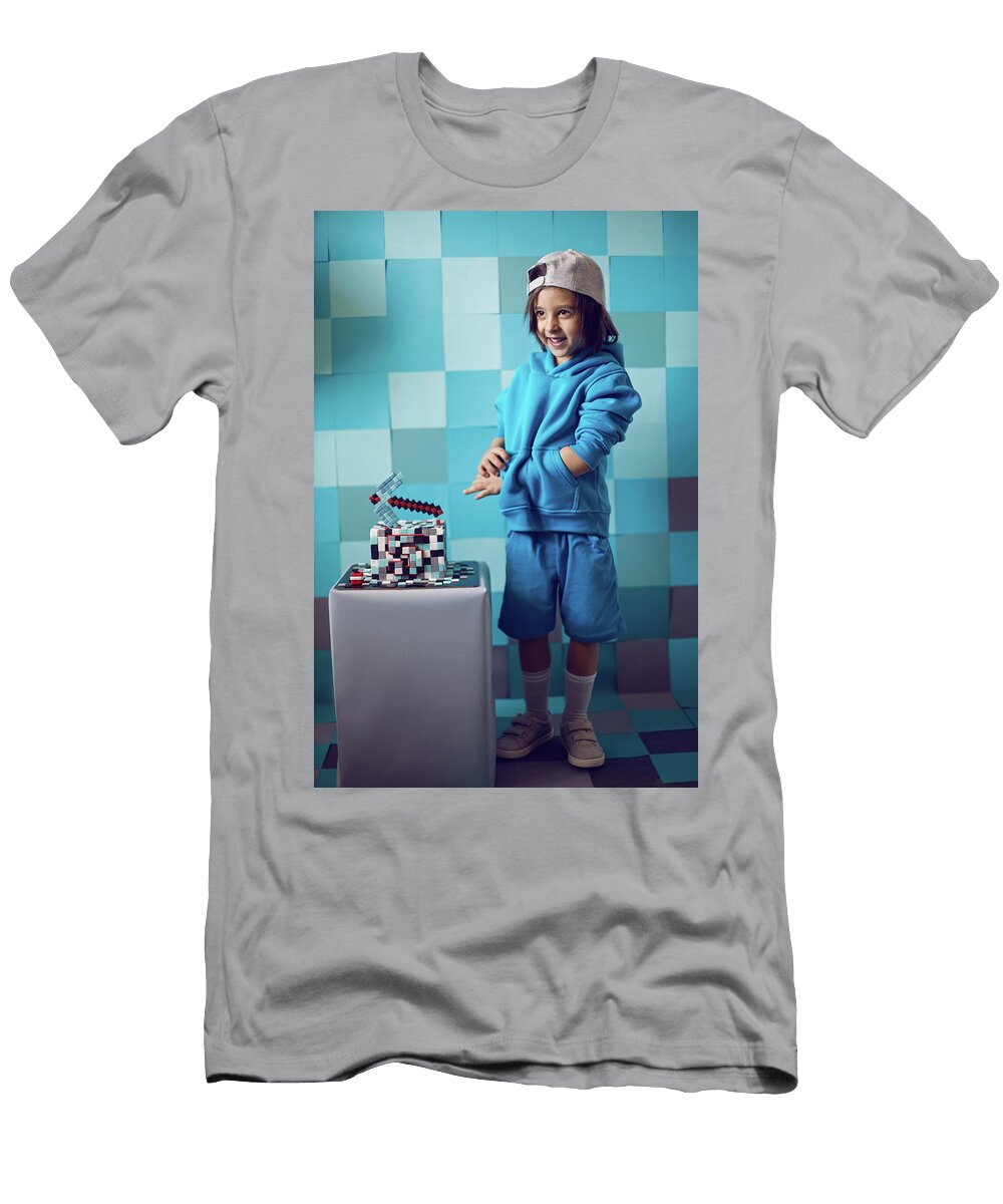 2 Fashion Boy in Blue Clothes Bites At a Cake Pixels with Pickaxe in the Studio Birthday Five Years Elena Saulich T-Shirt