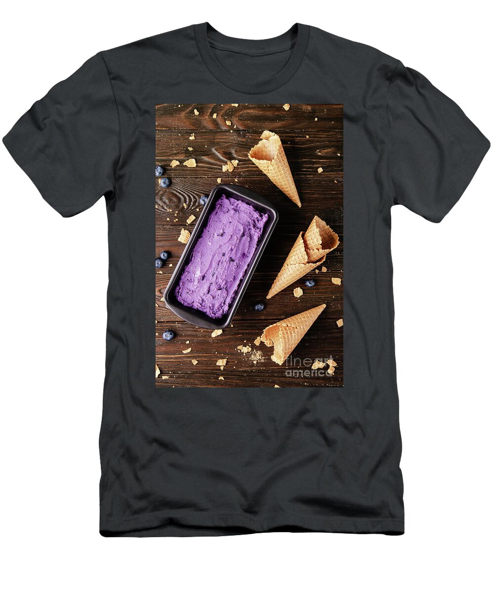 2 Flat Lay View At Blackberry Icecream in Tray with Wafer Cones As Olena Mykhaylova T-Shirt