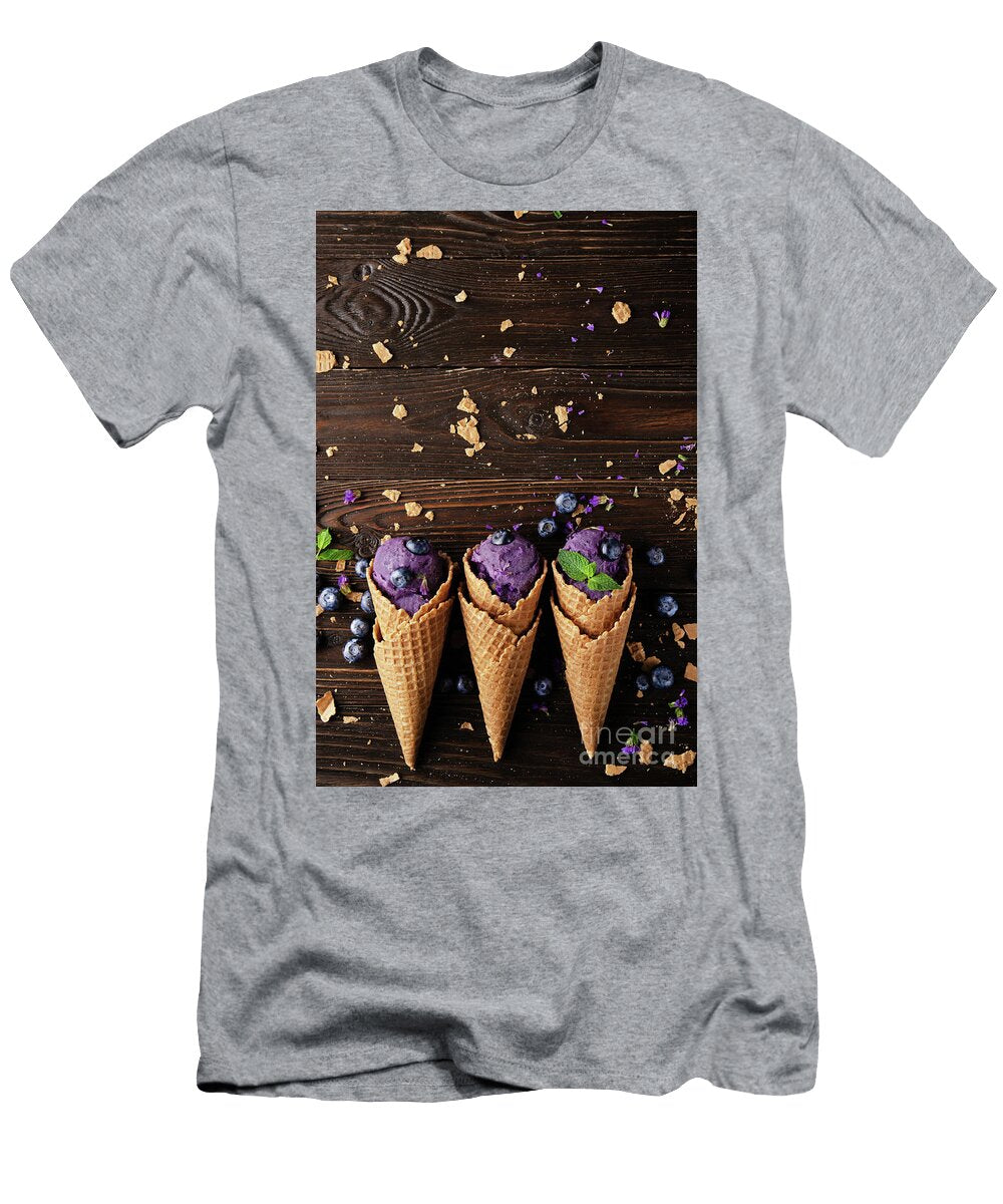 2 Flat Lay View At Wafer Cones with Blackberry Icecream on Wooden Olena Mykhaylova T-Shirt