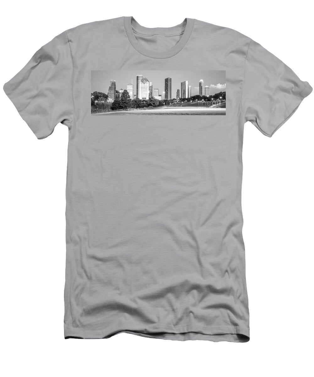 2 Houston Skyline At Night Black and White Panorama Photo Paul Velgos T-Shirt