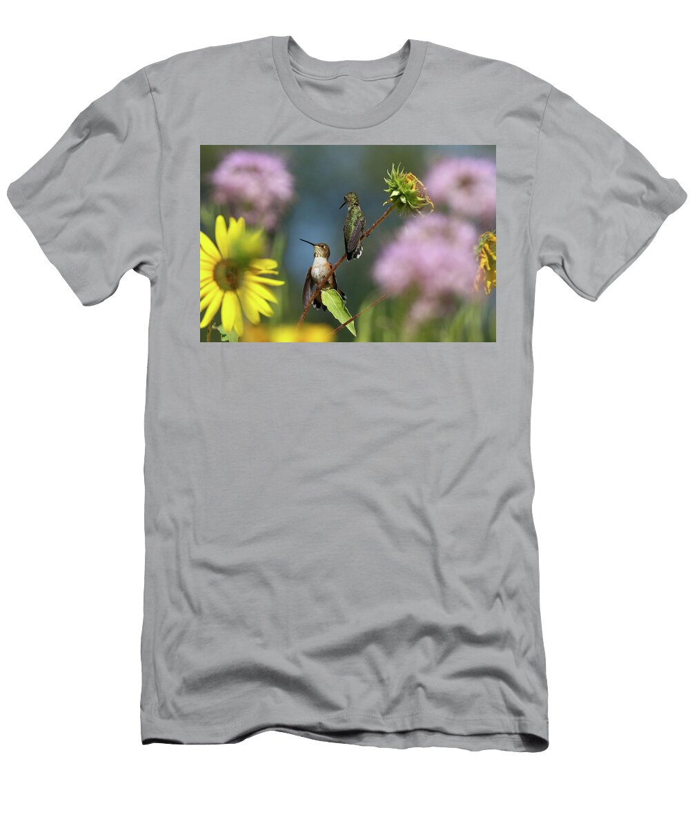 2 Hummingbirds in Wildflowers Julie Argyle T-Shirt