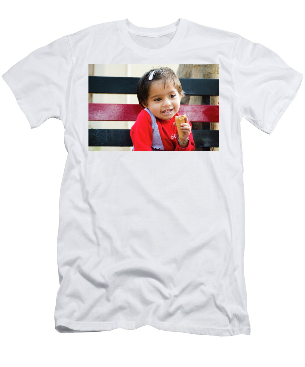 2 Little Girl Sitting on a Bench and Eating an Ice Cream Cone Shilpa Panchal T-Shirt