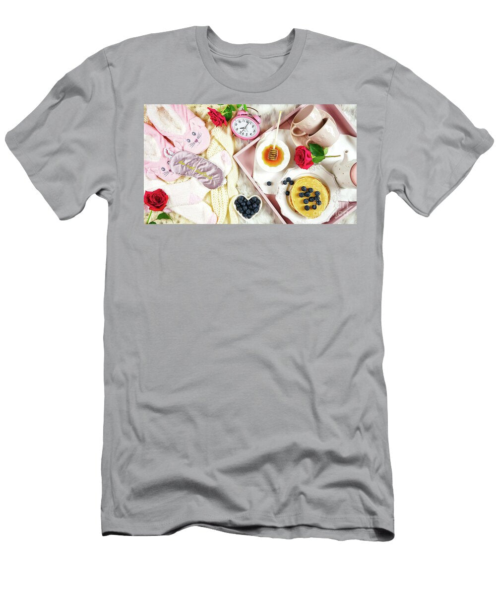 2 Pancake Breakfast Tray in Bed with Syrup and Blueberries Fruit Flat Lay Milleflore Images T-Shirt