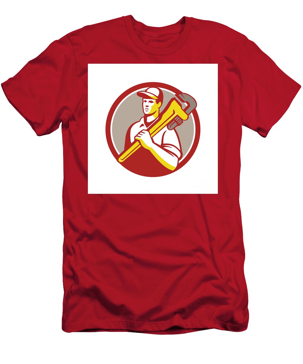 2 Plumber Holding Monkey Wrench Circle Retro Aloysius Patrimonio T-Shirt