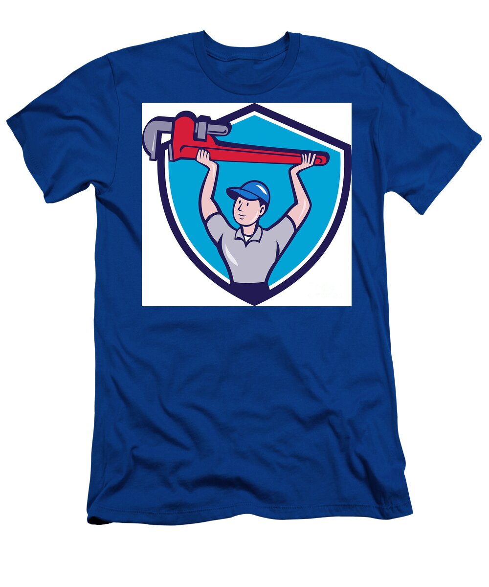 2 Plumber Lifting Monkey Wrench Crest Cartoon Aloysius Patrimonio T-Shirt