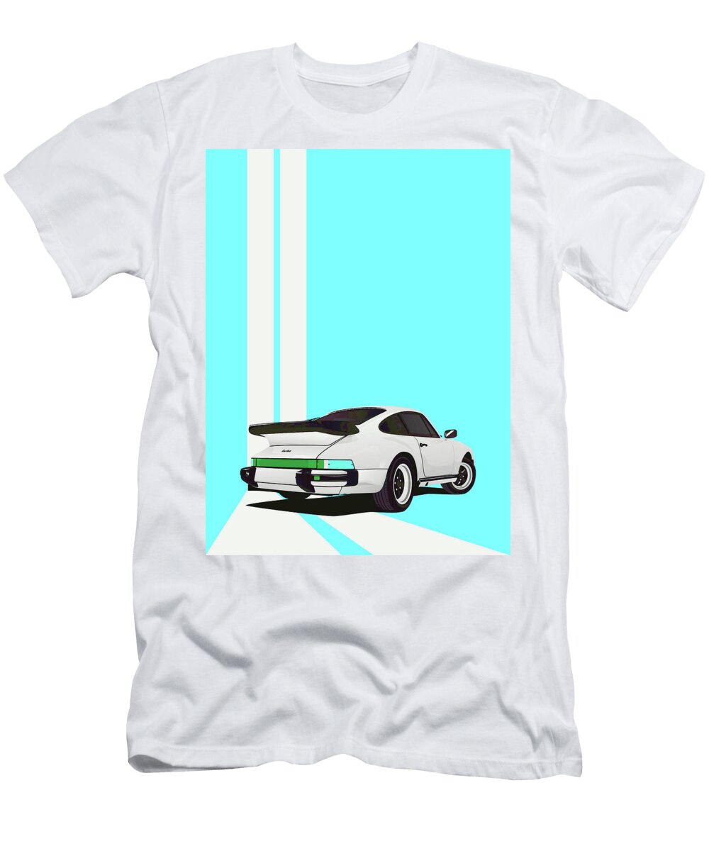 2 Porsche 911 930 Classic Poster Light Blue Cyan Background Thespeedart T-Shirt