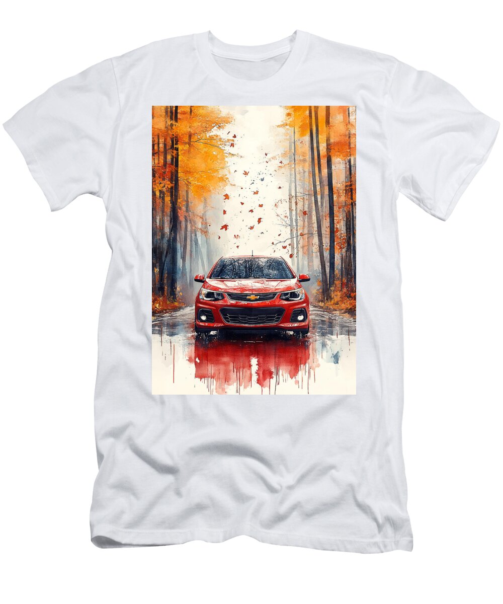 2 Red Car Driving Through Autumn Forest Watercolor Painting Kari Goldfalse T-Shirt