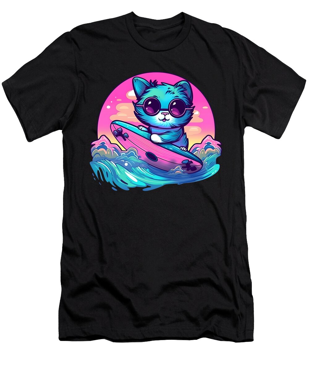 2 Retro Surfing Cat Sweet Birdie Studio T-Shirt