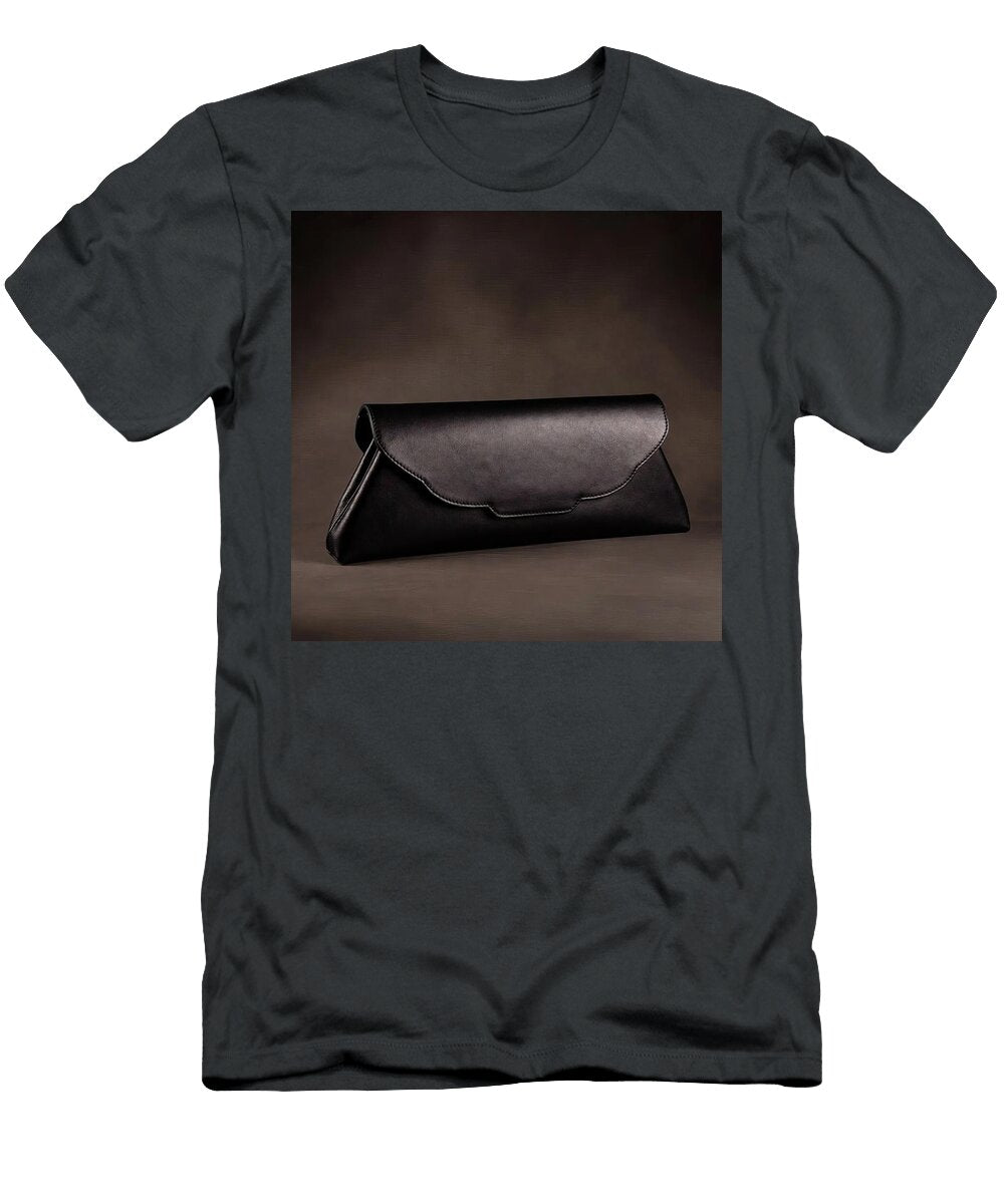 2 Sleek Black Leather Clamshell Clutch with Wing Detail Elegant Evening Handbag Talha Khan T-Shirt