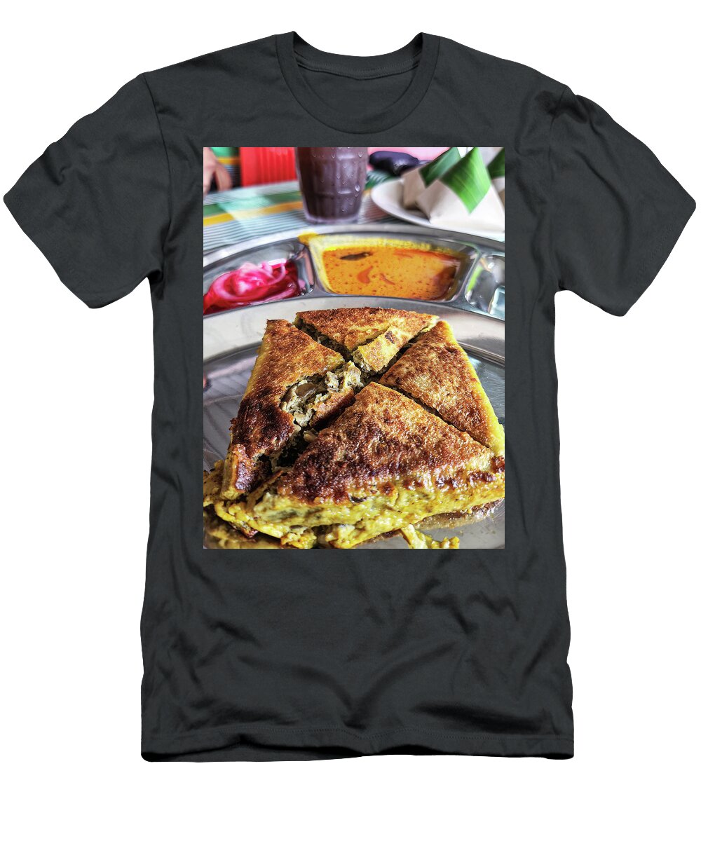 2 Tasty Mutabbaq or Murtabak Folded Pan Fried Flatbreads Stuffed with Lightly Spiced Mince Meat and Egg Closeup Ellinnur Bakarudin T-Shirt