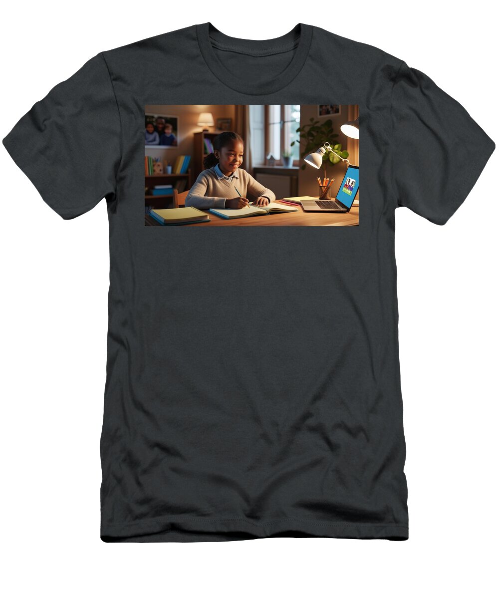 2 Young Student Girl Studying Online At Home with Laptop and Notebook Talha Khan T-Shirt