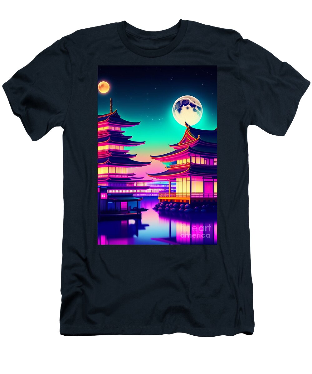 21 Synthwave Japanese Town with Moon Background Boon Mee T-Shirt