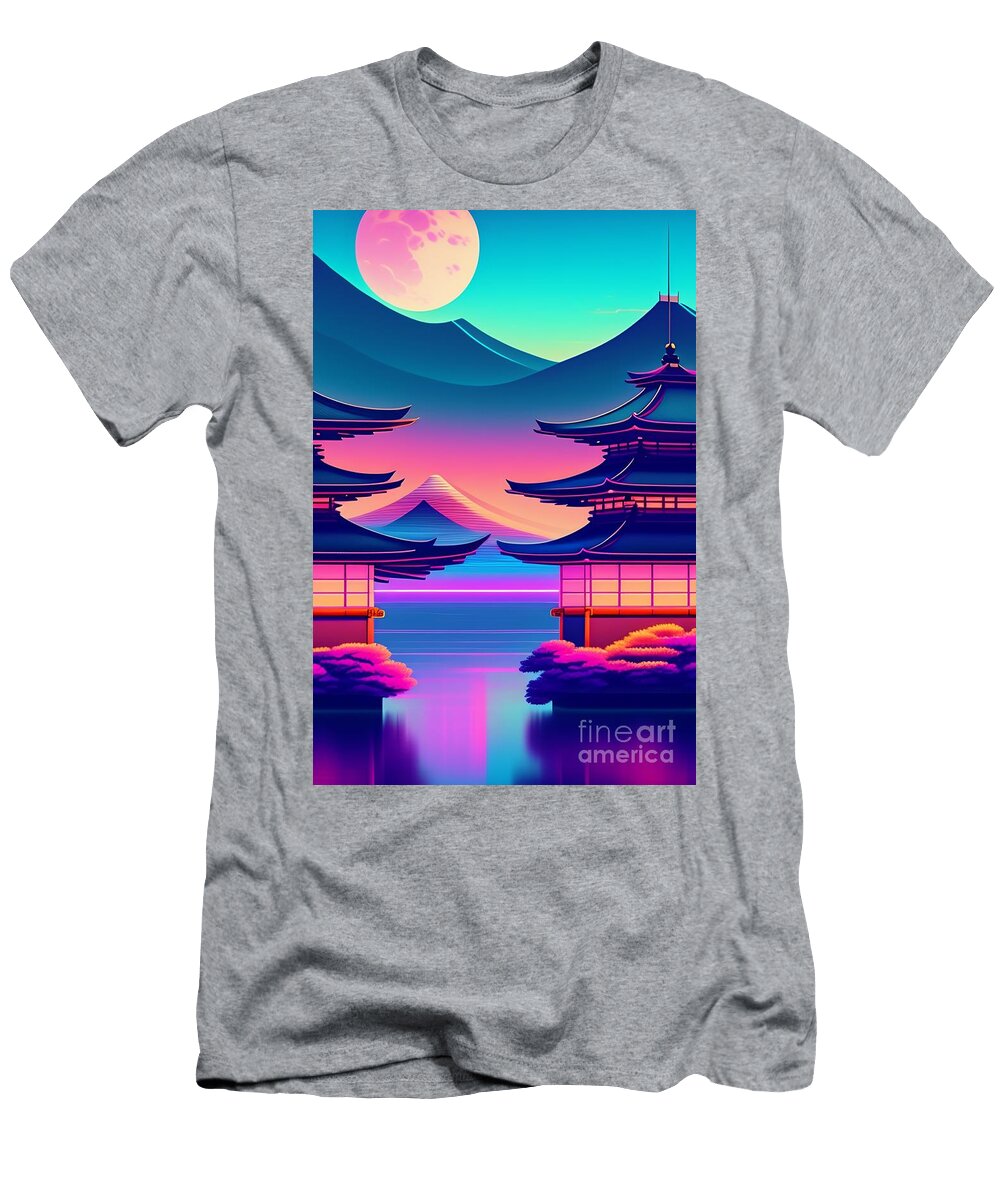 26 Synthwave Japanese Town with Moon Background Boon Mee T-Shirt