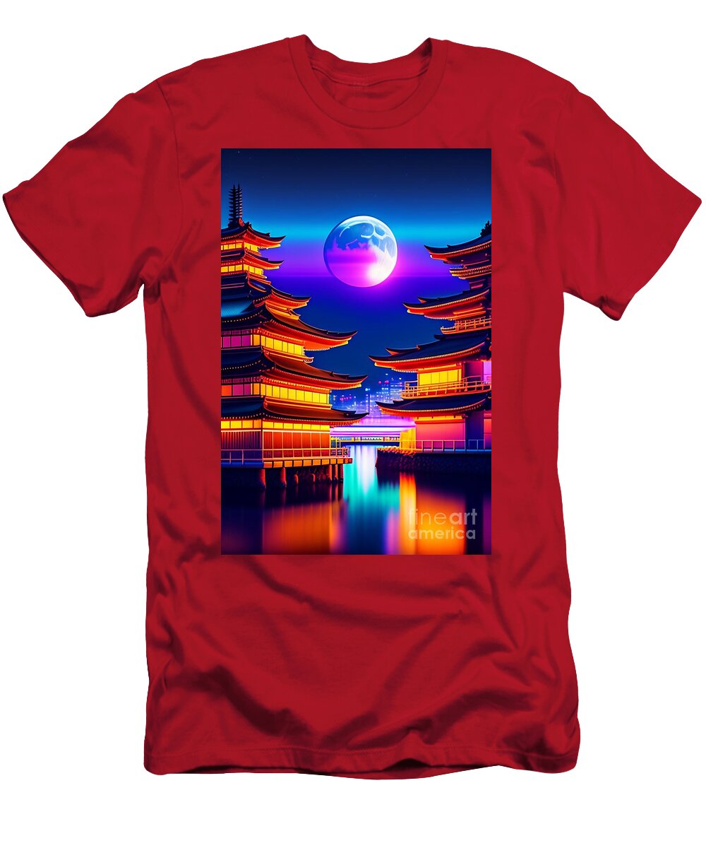 28 Synthwave Japanese Town with Moon Background Boon Mee T-Shirt