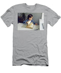 3 Boy Child Sits At a Desk and Learns with a Tablet Notebook and Book Elena Saulich T-Shirt