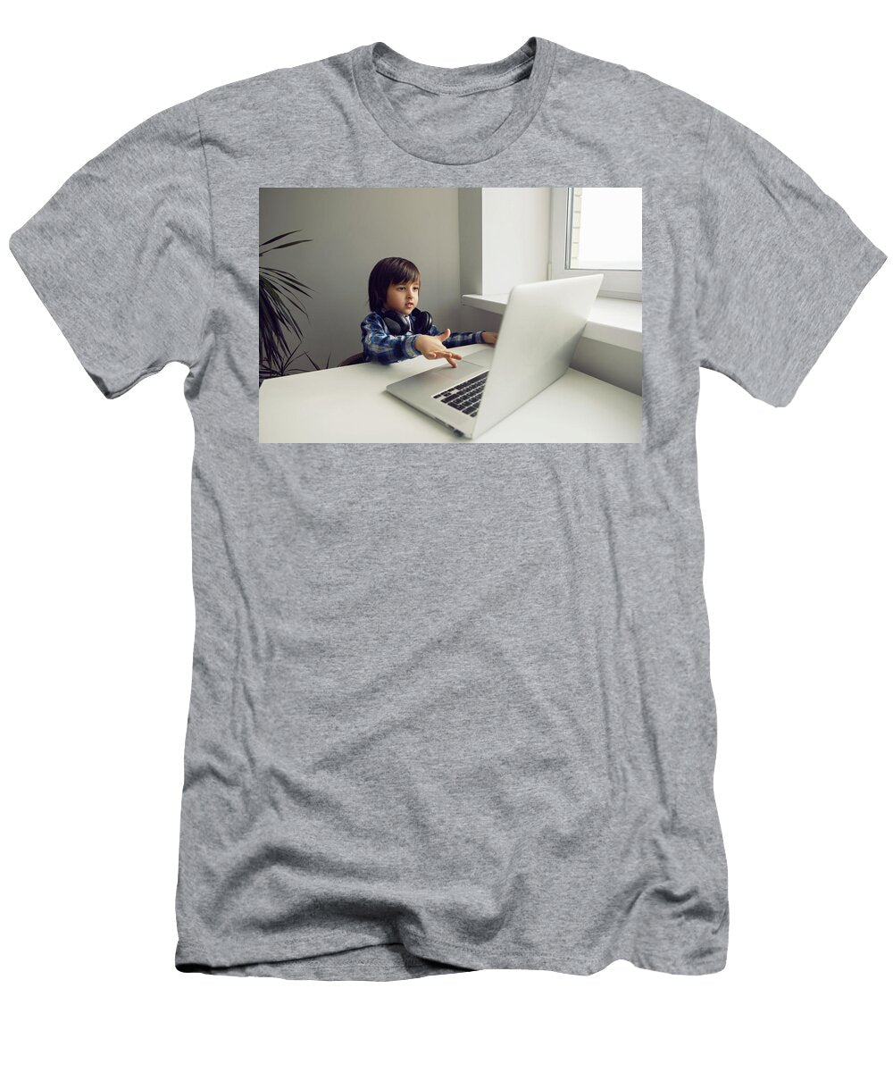 3 Boy Child Sits At a Table Near the Window with a Laptop and Communicates with Relatives Elena Saulich T-Shirt