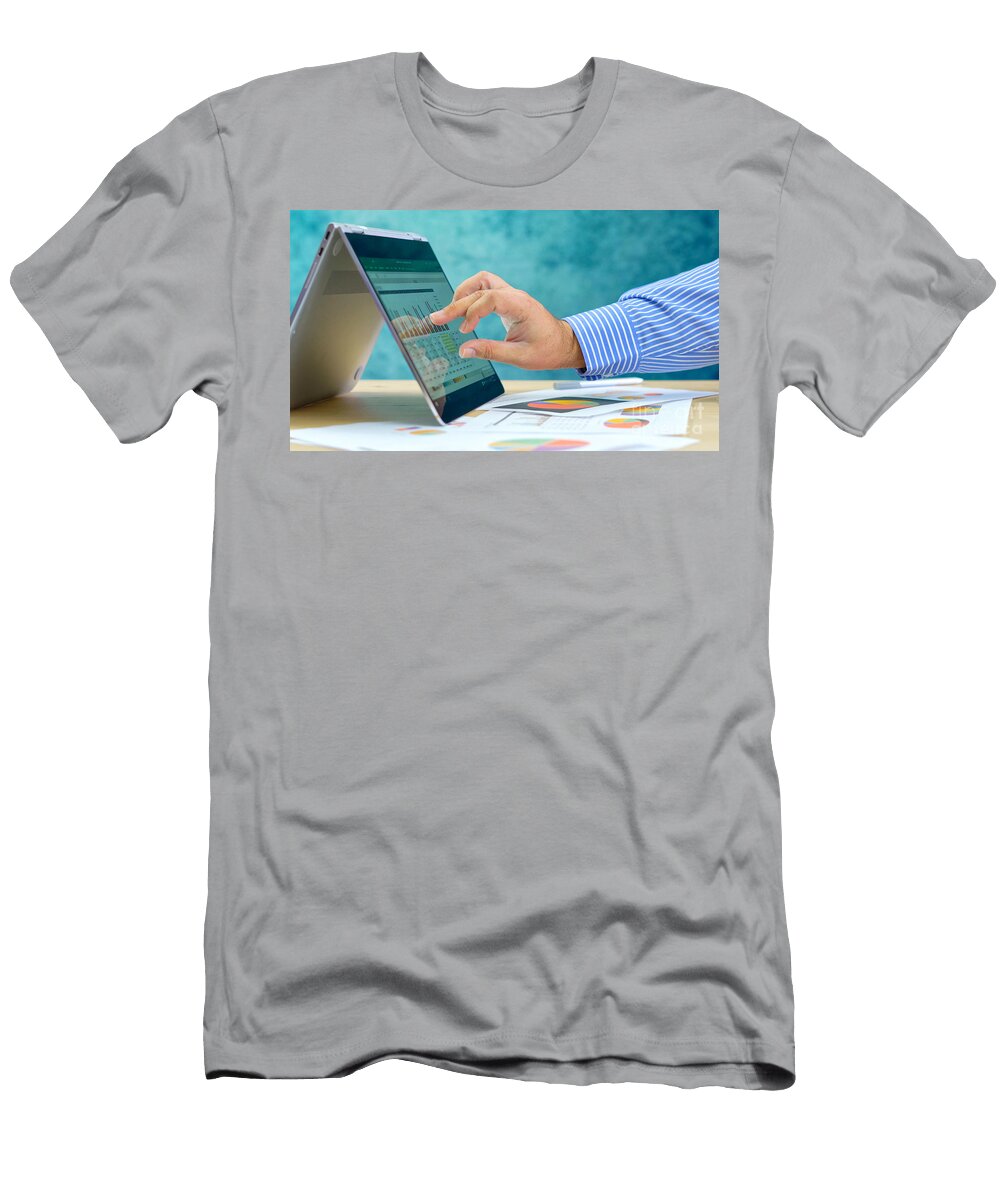 3 Businessman Pointing and Expanding Graphs on Modern Touch Screen Laptop Milleflore Images T-Shirt