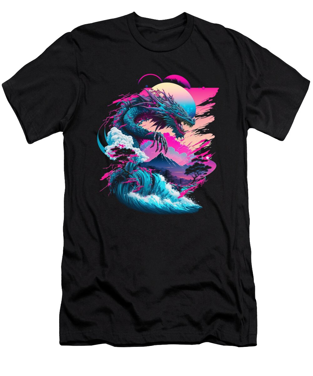 3 Dragon Vaporwave Abstract Landscape Moon Tree Waterfall Toms Store T-Shirt