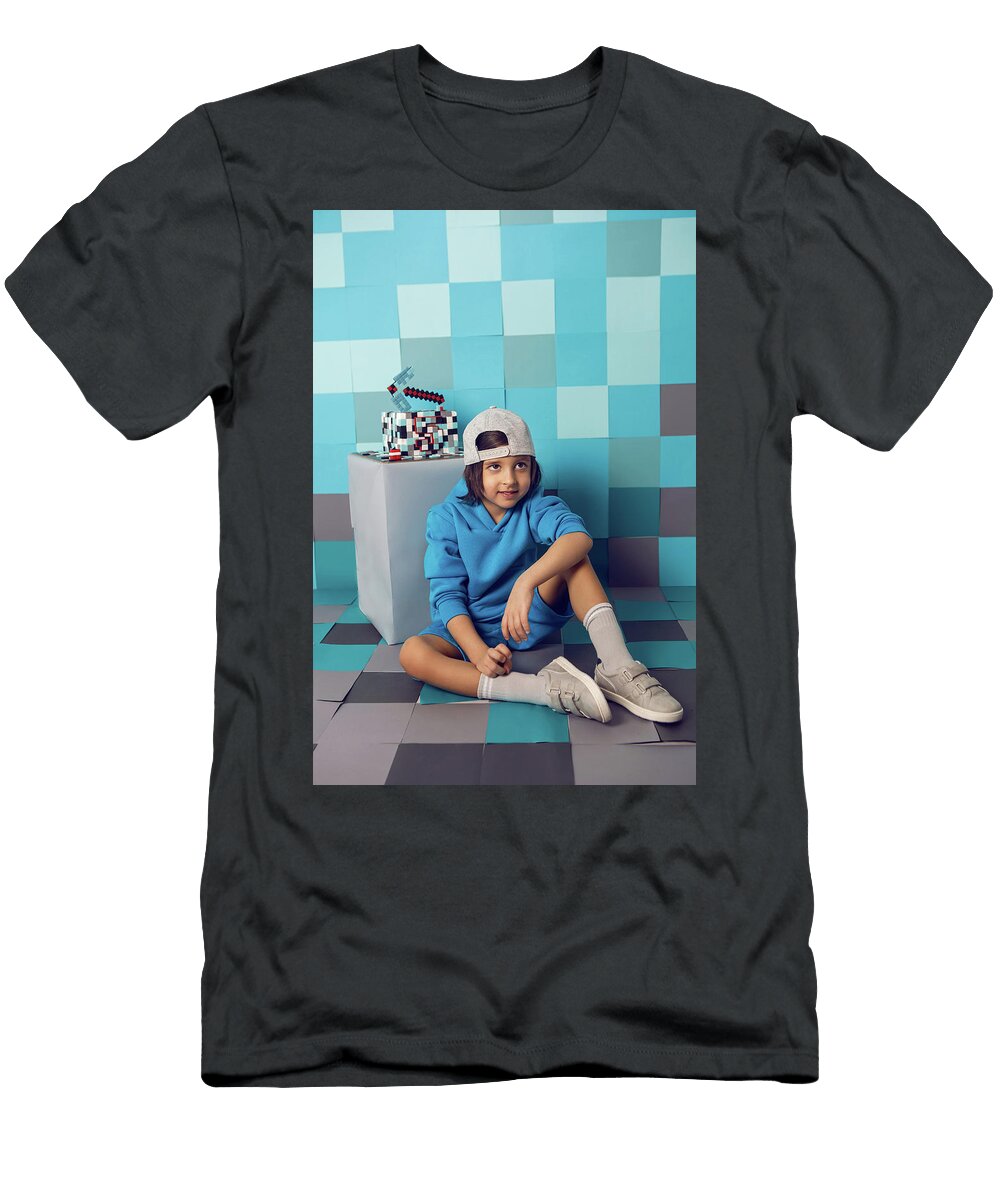 3 Fashion Boy in Blue Clothes Bites At a Cake Pixels with Pickaxe in the Studio Birthday Five Years Elena Saulich T-Shirt