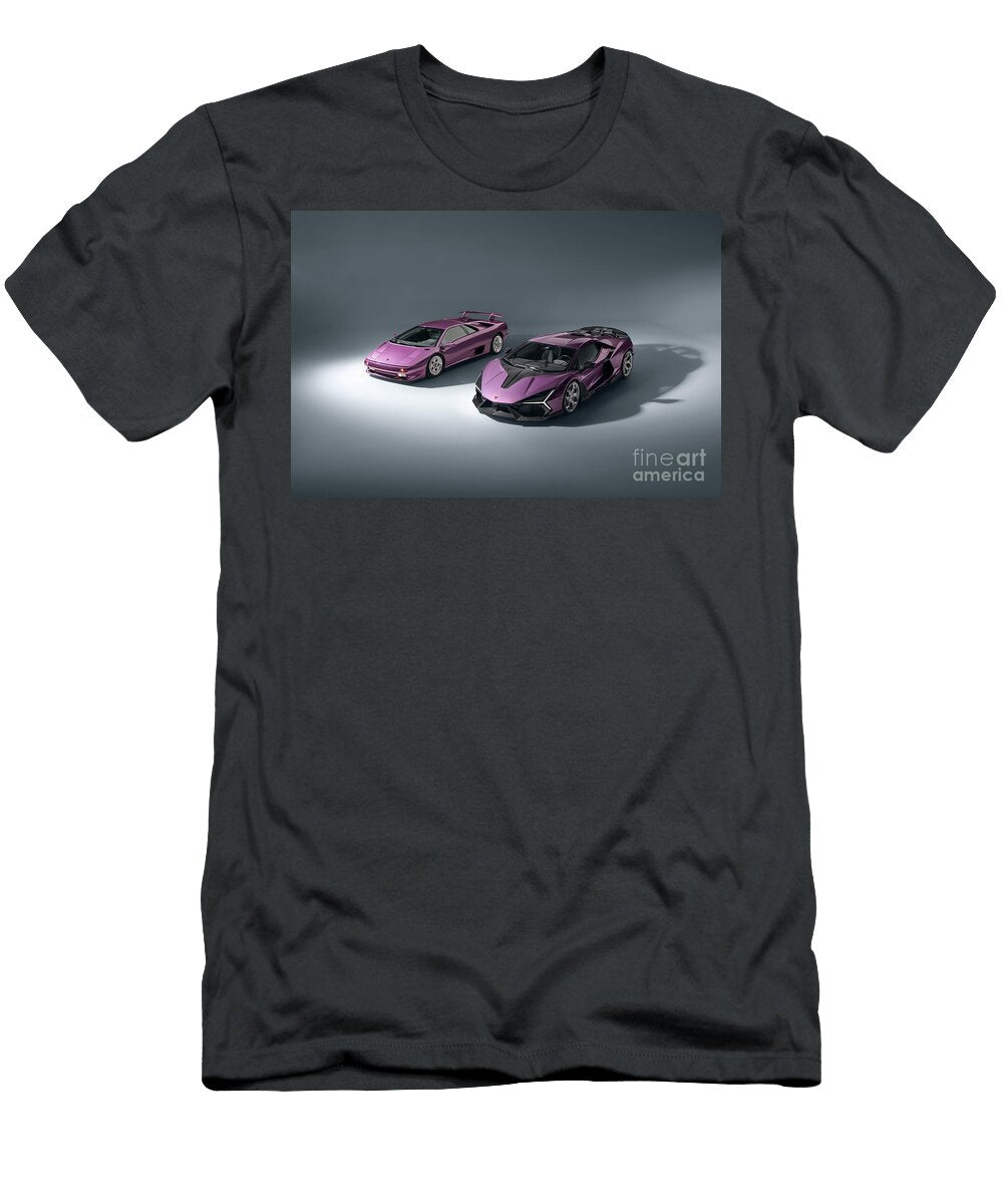 3 Iconic Viola 30 Purple Super Car Lamborghini Diablo Se30 V12 and Purple Novitec Lamborghini Revuelto Vlad Automotive T-Shirt