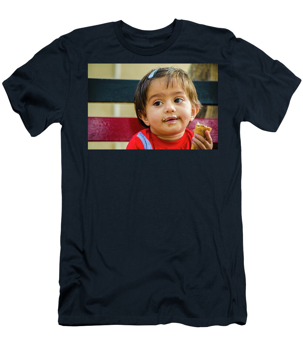 3 Little Girl Sitting on a Bench and Eating an Ice Cream Cone Shilpa Panchal T-Shirt