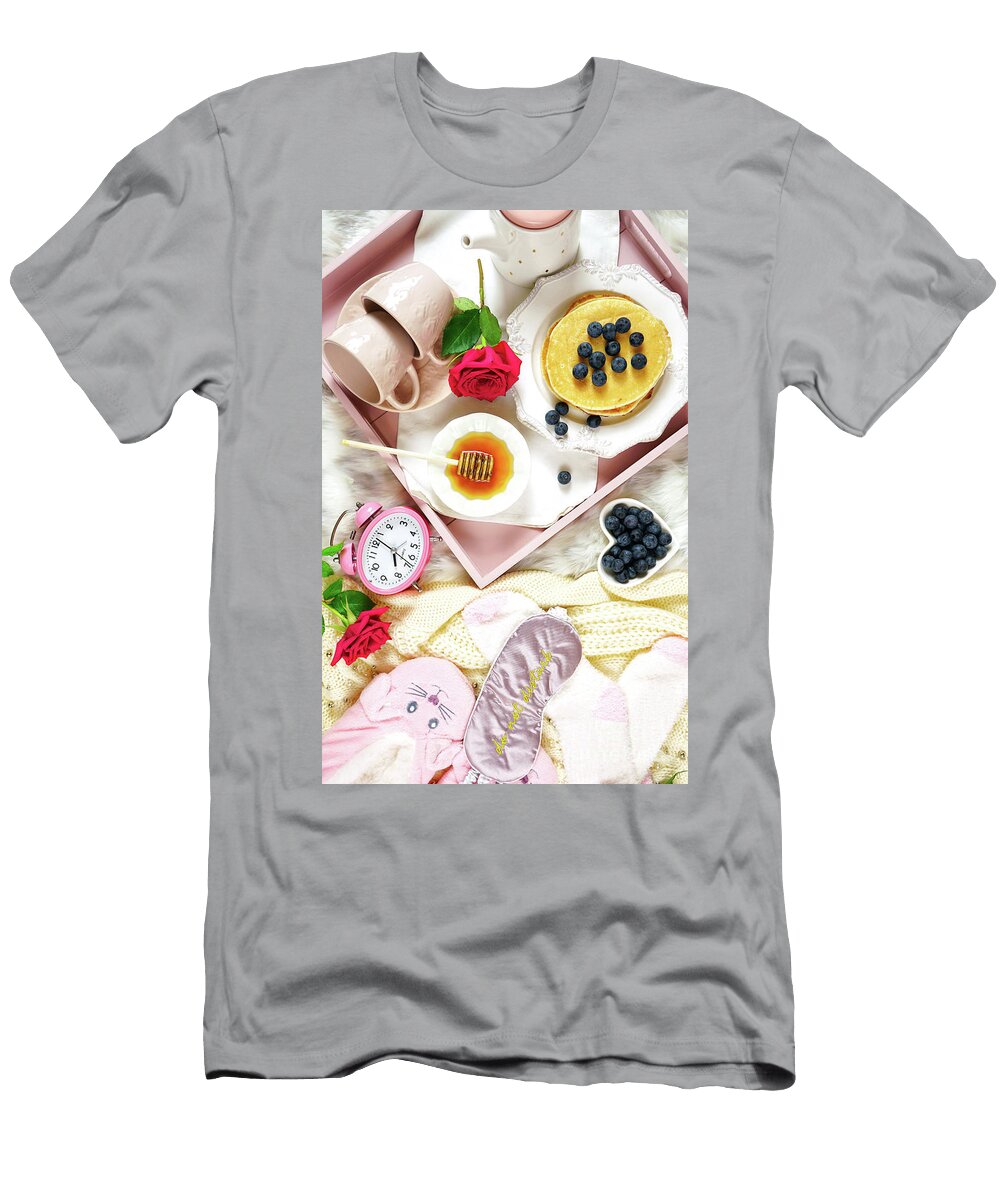 3 Pancake Breakfast Tray in Bed with Syrup and Blueberries Fruit Flat Lay Milleflore Images T-Shirt